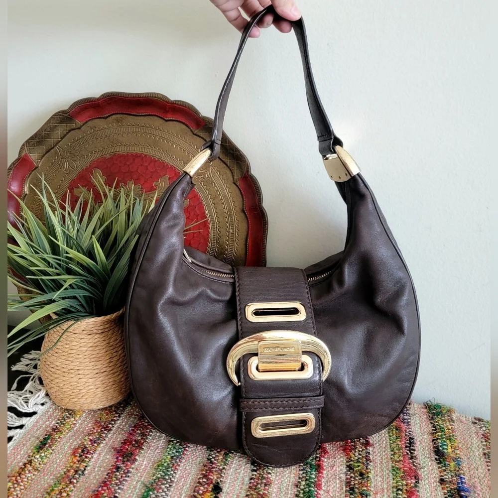 Michael Kors Baguette Hobo Bag Brown Leather Rare Purse